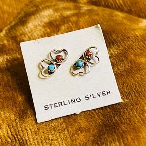 Tiny heart coral and turquoise stud earrings